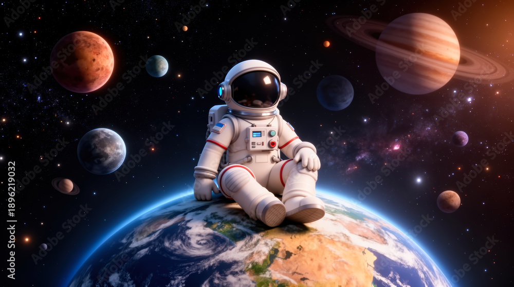 Naklejka premium Cross-legged 3D cartoon astronaut in red-accented suit perched on vibrant blue-green Earth, gazing at Jupiter, Saturn and star-filled cosmos, evoking wonder and exploration.