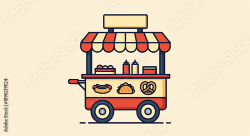 Illustration of a colorful food cart with a striped awning, featuring various snacks, against a clean background with a simple composition.