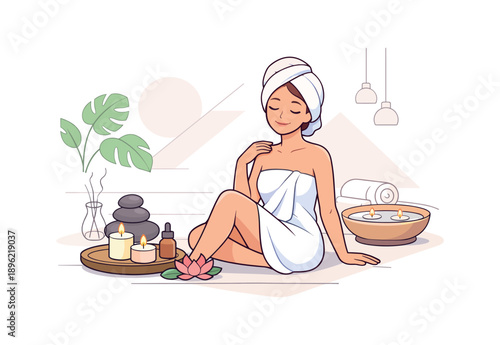 Relaxed woman at spa with candles and stones, flat vector illustration