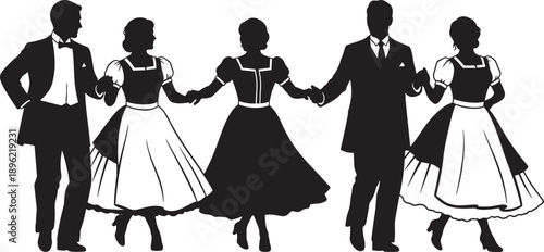Black Silhouette Vector Illustration of Traditional Folk Dancers in Formal Costumes and Gowns for Cultural Performance Ballroom Dancing Heritage Festival and Elegant Event Celebration Designs