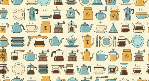Coffee Shop Essentials: A delightful assortment of coffee-related objects form a seamless pattern, offering a visual journey through the world of coffee.