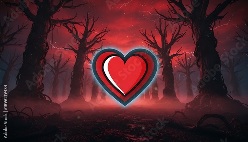 Glowing Red Heart Symbol Isolated in a Dark Mysterious Haunted Forest with Silhouetted Bare Trees and Foggy Atmosphere