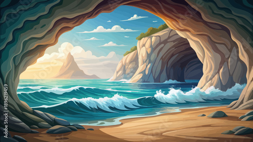 Cave opening revealing ocean waves and cliffs