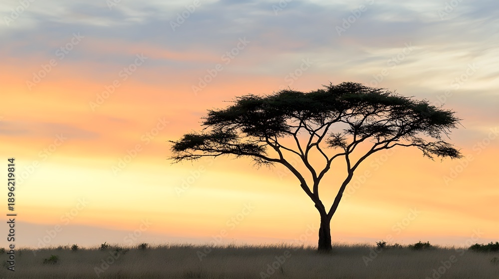 Fototapeta premium Lone acacia tree silhouette against warm sunset sky