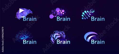 Brain Logo Icon Smart Digital Transformation Symbol AI Artificial Intelligence Computer Neural Science Research Technology. Abstract Creative Future Brains Set Logos Purple Color. Vector Illustration