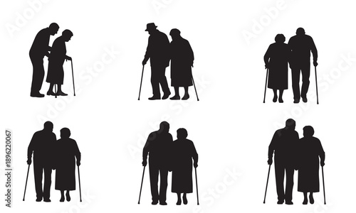 Collection of elderly couples in silhouette, diverse poses and interactions
