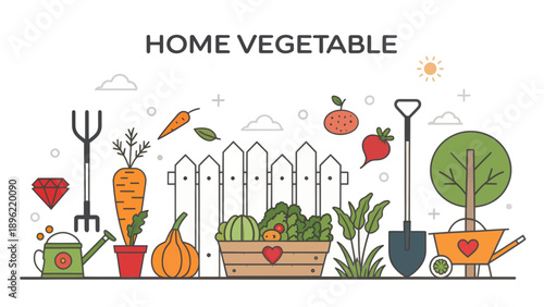 Home Vegetable Gardening Illustration with Fresh Produce