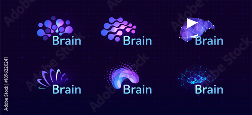 Brain Logo Icon Smart Digital Transformation Symbol AI Artificial Intelligence Computer Neural Science Research Technology. Abstract Creative Future Brains Set Logos Purple Color. Vector Illustration