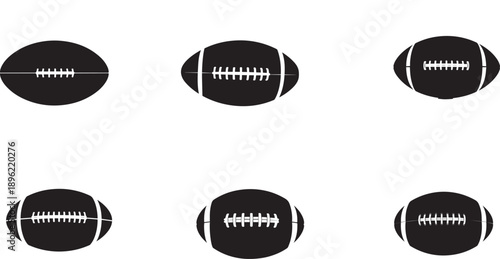 Set of six black silhouette American football icons for sports graphics and game design elements on a clean white background.