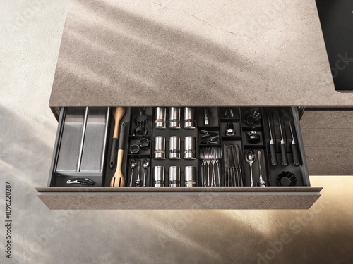 Cutlery set neatly organized in kitchen drawer, forks, knives and spoons in storage tray