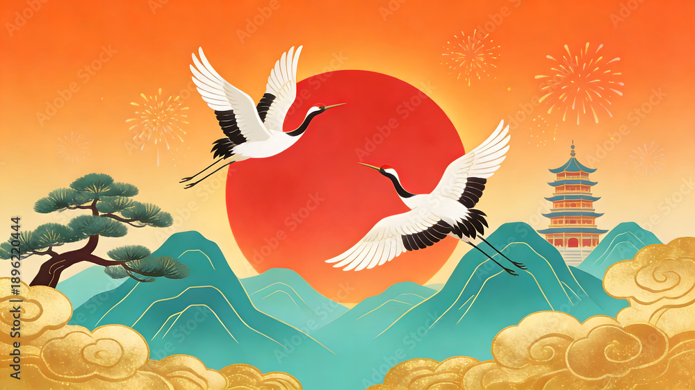 Fototapeta premium Modern Chinese style illustration of cranes flying over mountains at sunset