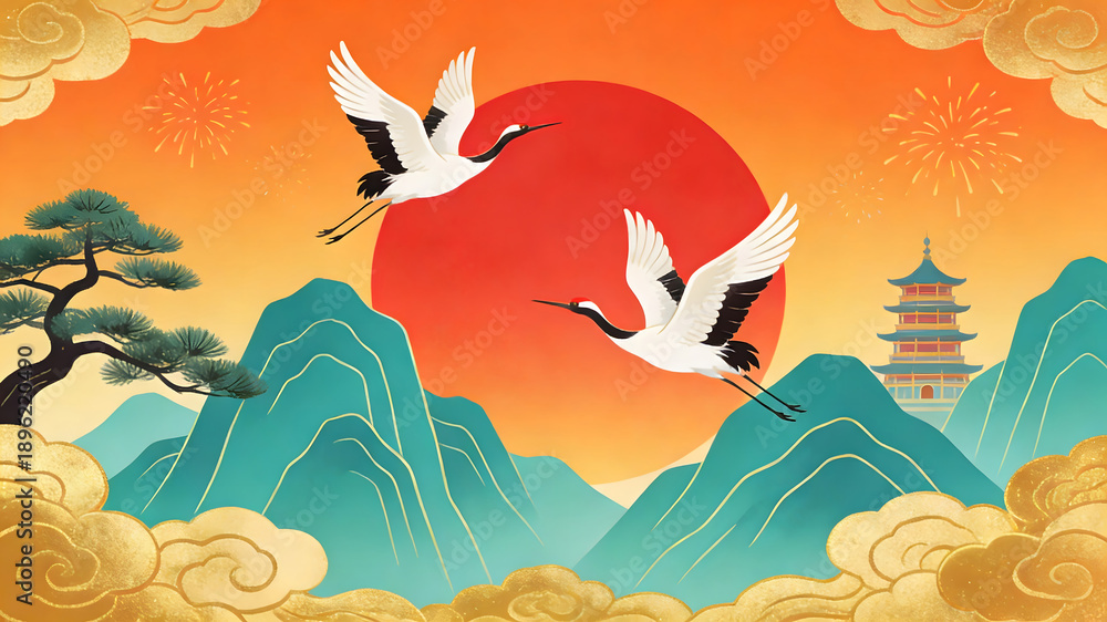 Fototapeta premium Modern Chinese style illustration of cranes flying over mountains at sunset