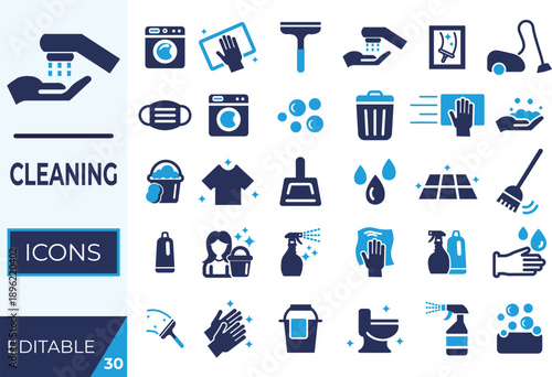 Collection of cleaning icons depicting household chores and hygiene practices