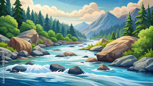 River Rapids Flowing Through a Mountain Forest Landscape