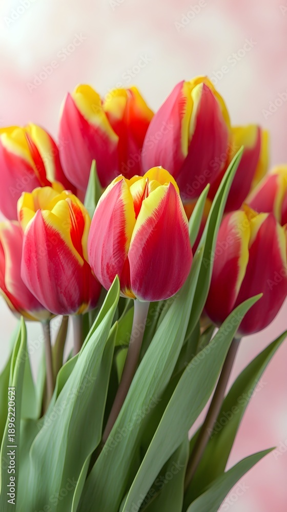Obraz premium Red and yellow tulips with green leaves flower