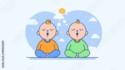 Two Babies Meditating Outdoors Under Sunny Sky