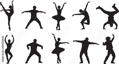 Black Silhouette Vector Set of Diverse Professional Dancers Performing Ballet Hip Hop and Contemporary Moves for Performing Arts Theater School and Creative Entertainment Branding Designs