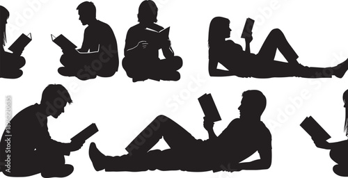 Black Silhouette Vector Set of Diverse People Reading Books in Different Poses Including Sitting and Lying Down for Education Literacy Library and Academic Study Projects