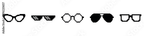 Pixel Art Sunglasses Set Icons 8-Bit Thug Life Meme Glasses Collection Isolated on White Background