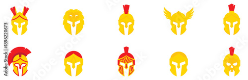 Spartan Helmet Icon Set Ancient Greek and Roman Gladiator Warrior Helmets Collection Gold and Red