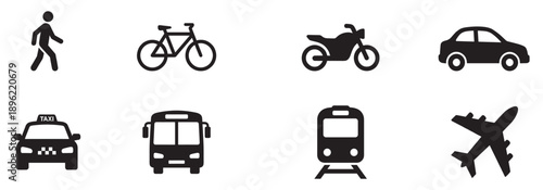 Transportation Icon Set Flat Black Silhouettes of Car Bus Train Plane Bicycle and Public Transport