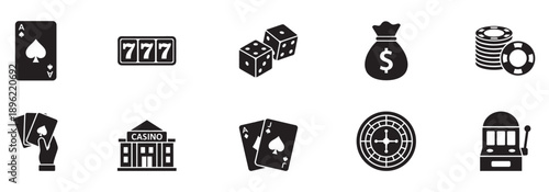 Casino and Gambling Icon Set Black Silhouettes of Poker Chips Cards Slot Machine Dice and Roulette