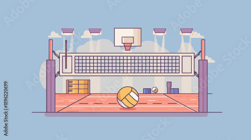 Volleyball Net and Balls in Indoor Gymnasium