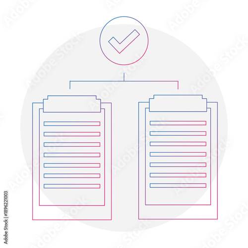 Comparison boards illustrations. Checkmark Vector symbols. Professional planning assignments. Pinkish bluish outlines.