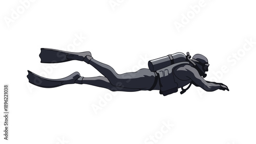 Silhouette of Scuba Diver Swimming Underwater with Tank and Fins Isolated on White Background