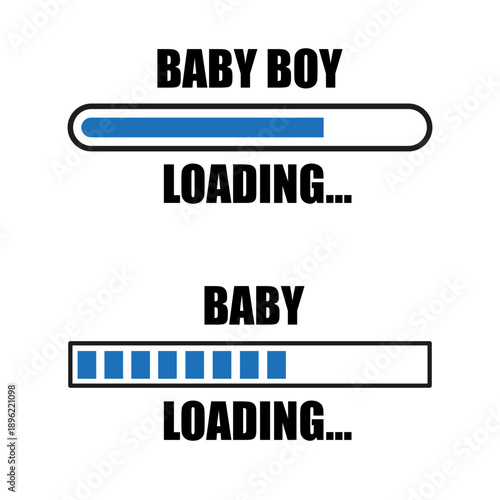 Baby boy loading. Male child progress. Pregnancy reveal Vector. Expecting mother message.