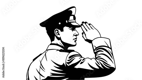 Black and White Illustration of a Military Officer Saluting with Pride