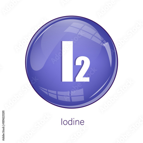 Iodine formula icon. Purple sphere symbol. Chemical science Vector. Glossy glass button.