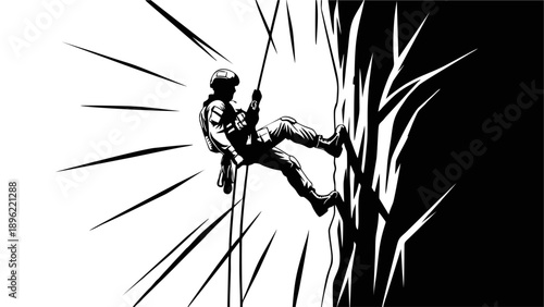 High Contrast Black and White Illustration of Soldier Rappelling Down a Cliff Face