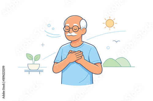 Elderly man enjoying nature in relaxed pose, flat vector illustration