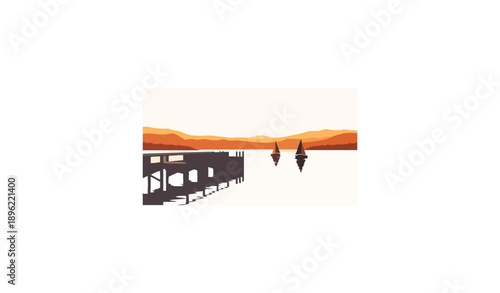 Evening lakeside pier sunset landscape with sailboats and birds vector