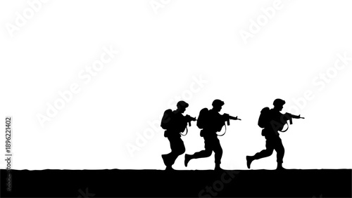 Silhouette of Three Soldiers Running with Assault Rifles on White Background for Military Concepts