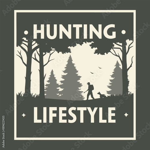 Vintage style hunting lifestyle emblem featuring a silhouetted hunter and forest scene