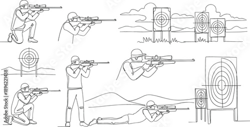 Continuous line art vector of sniper shooting at targets in outdoor range for military training and precision marksmanship concepts
