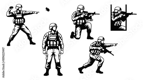 Vector Set of Modern Soldier Icons Tactical Combat Poses and Military Action Silhouettes