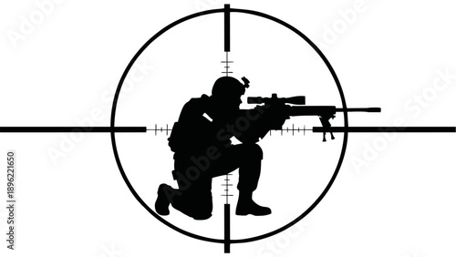 Silhouette of Sniper Soldier Aiming Rifle Through Crosshair Scope Icon