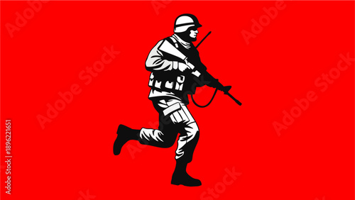 Black and White Soldier Silhouette Running on Vibrant Red Background Graphic