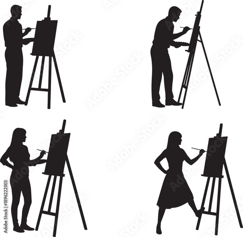 Black Silhouette Vector Set of Male and Female Artists Painting on Canvas with Easels for Fine Art Studio Creative Hobby and Gallery Exhibition Projects