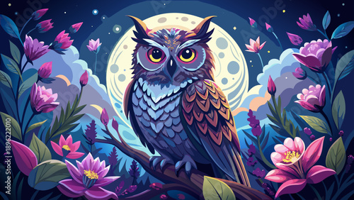 Very beautiful majestic owl perched on a branch under a glowing full moon, surrounded by softly blooming flowers, creating a serene nocturnal wildlife scene filled with mystery and calm.