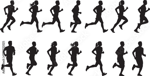 Black Silhouette Vector Set of Male and Female Runners and Joggers Training for Marathon Fitness and Healthy Lifestyle in Various Athletic Sprinting and Running Poses