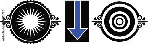 Classical Architectural Emblems with Decorative Sunburst and Concentric Circle Symbols and Blue Downward Arrow for Museum Signage and Elegant Branding Graphic Designs