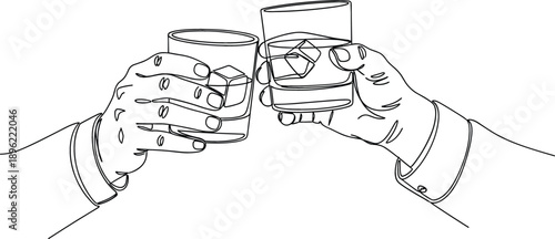 Continuous line art vector of two hands clinking whiskey glasses with ice cubes for celebration toast.
