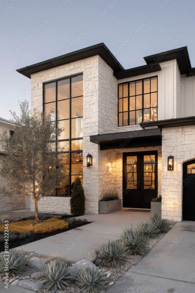 Fototapeta premium Stylish home exterior with large windows and simple landscaping, located in a residential area, showcasing modern architecture during the evening hours