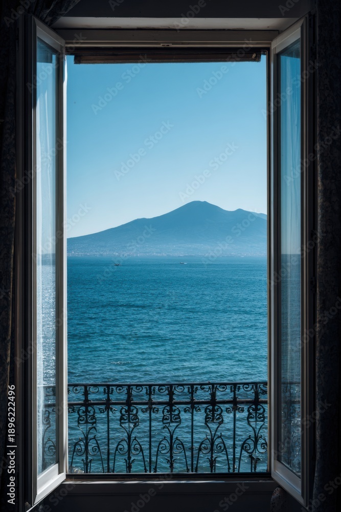 Fototapeta premium View of Mount Vesuvius from a balcony overlooking the water during a clear day with bright sunlight shining on the scene