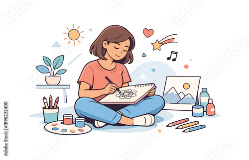 Girl drawing art in a relaxed setting, flat vector illustration