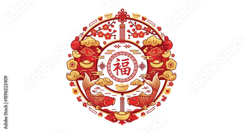 Vibrant Chinese New Year illustration with red and gold elements